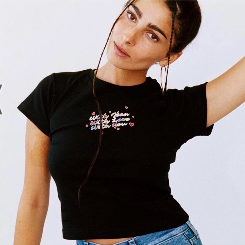 With Jean Black Crop Top with Pink Graphic